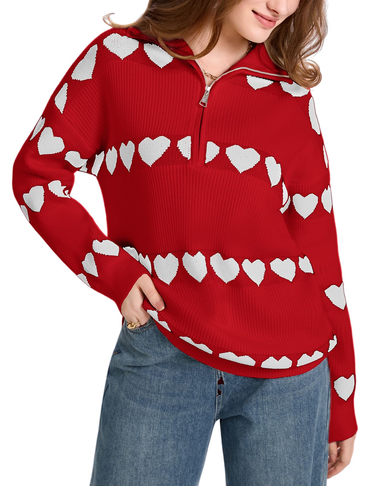 Wyeysyt Heart Sweater for Women Valentines Quarter Zip Sweater Oversized Long Sleeve Knit Pullover Valentines Day