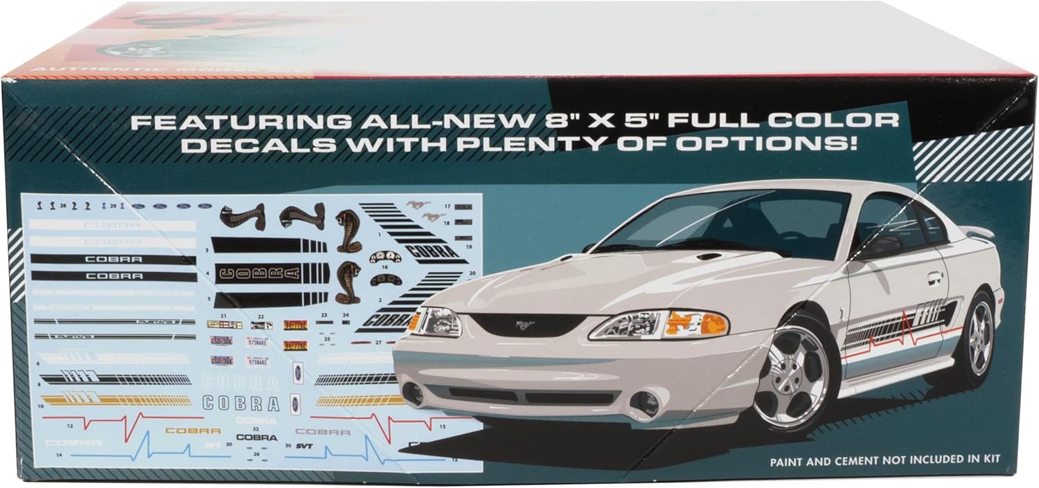 AMT 1997 Ford Mustang Cobra 1:25 Scale Model Kit – Authentic V-8 Engine Detail, 90+ Parts, Functional Hood & Scoops, Rear Spoiler, Pad-Printed Goodyear Tires – Skill Level 2 – Paint & Glue Required