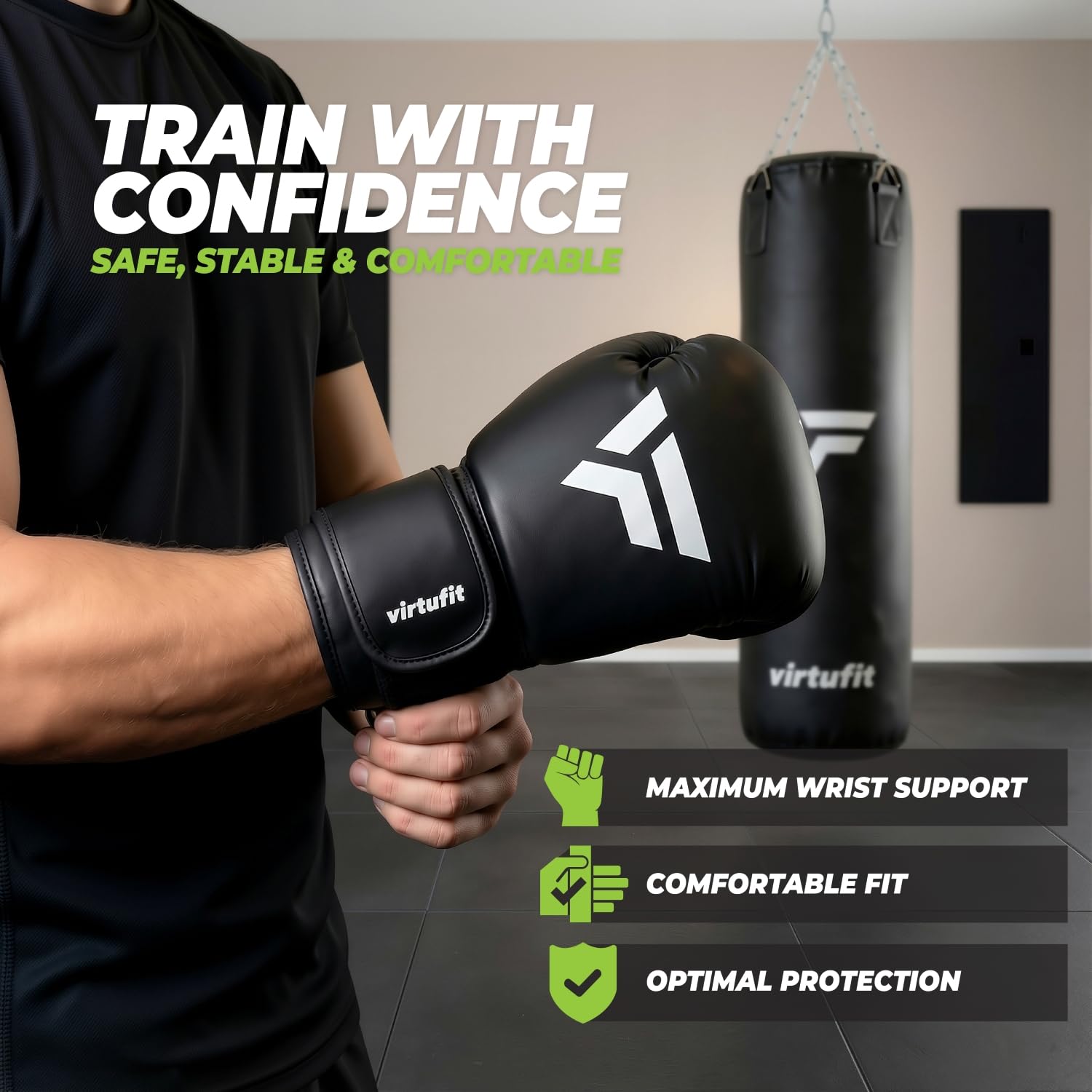 VirtuFit Ensemble de kickboxing Senior - Sac de frappe et gants de boxe - Kit de boxe pour adultes - Kickboxing et boxe - 25 kg - Noir
