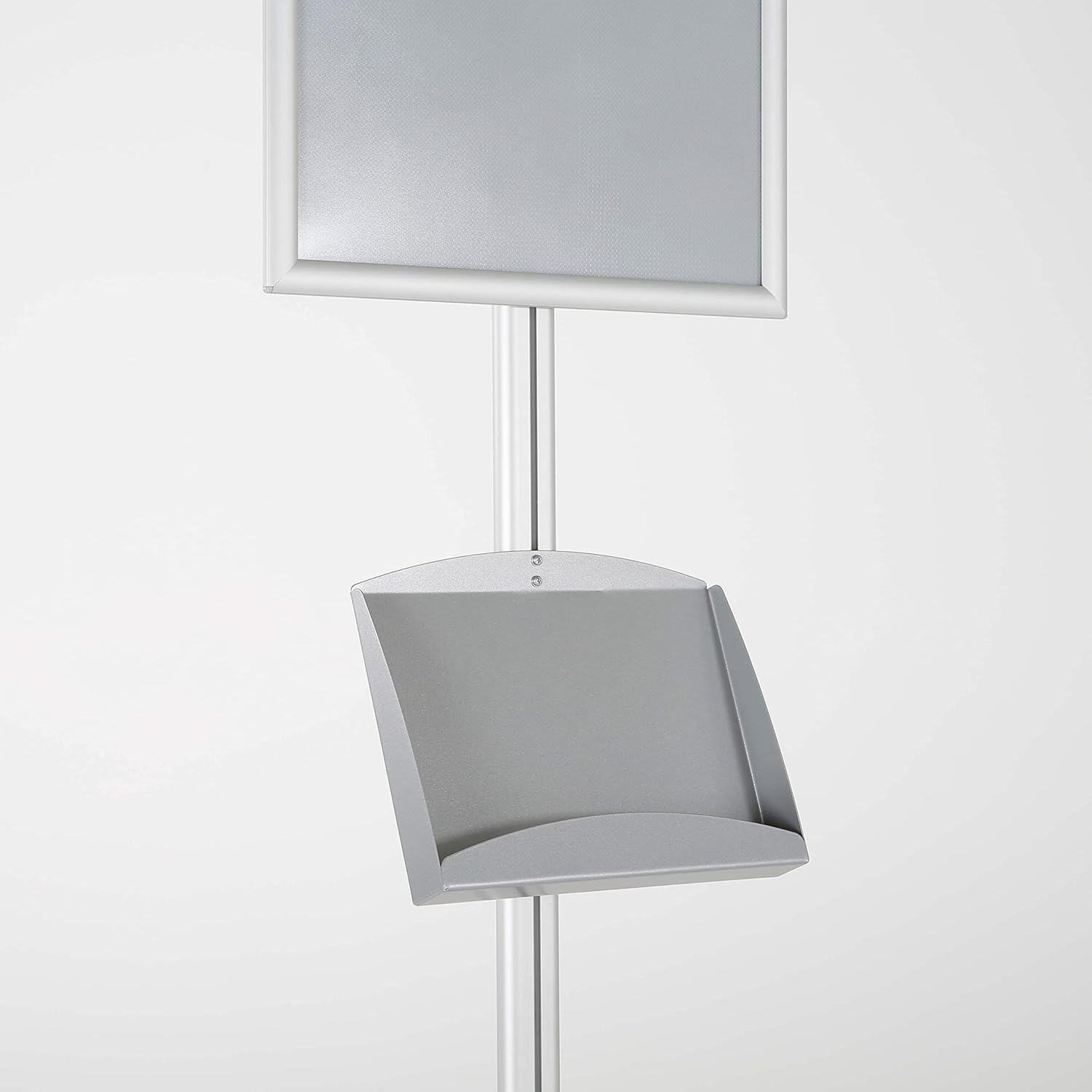 M&T Displays Free Standing Aluminum Display Stand Single Sided Brochure Sign Holder Front Loading Portrait Landscape Silver Snap Frame 1x(11x17) and Metal Tray Shelf 2x(5.5x8.5) Inch Capacity