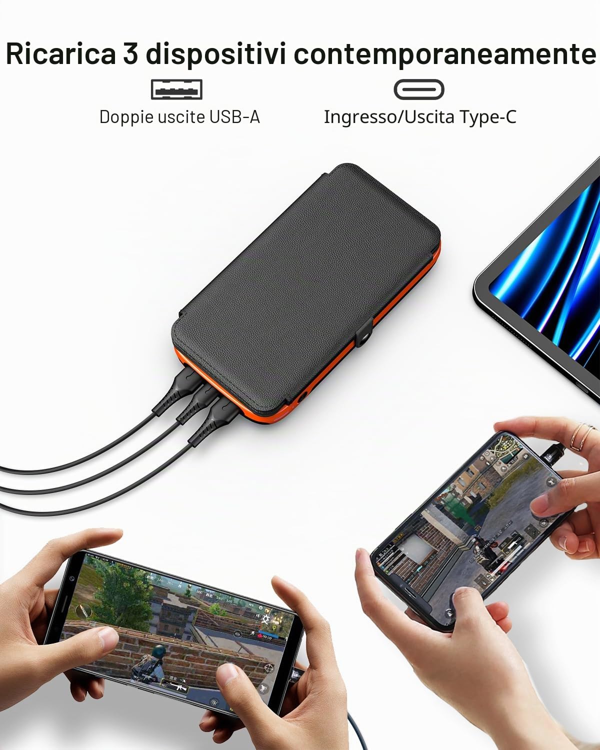 Solar Power Bank 26800 mAh - Caricatore solare portatile con 4 pannelli pieghevoli - PD QC 3.0 Caricabatterie a ricarica rapida con uscita/ingresso USB C - Batteria esterna con torcia elettrica per