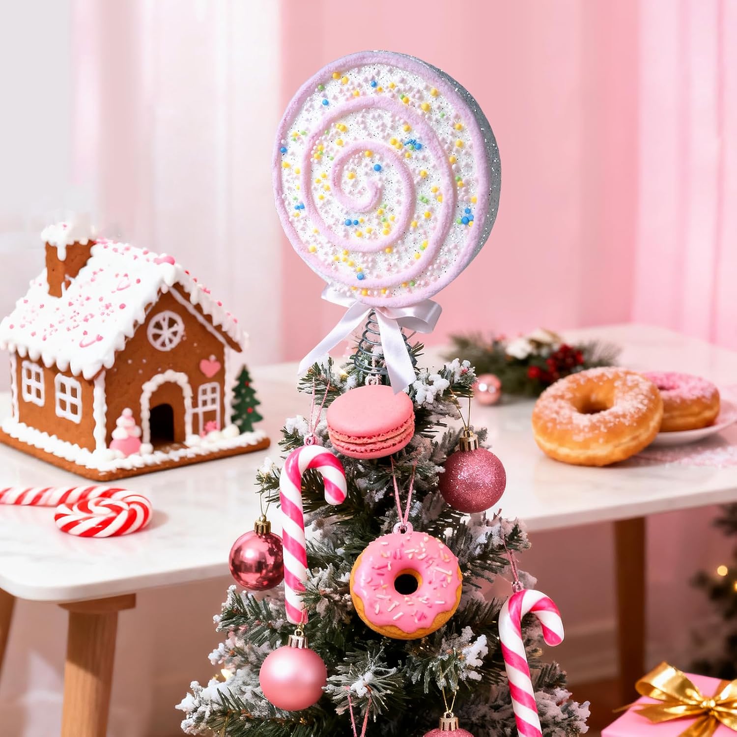 Candy Tree Topper Pastel Lollipop Tree Topper with Pink Bow 7.87 inch Sparkling Candy Cane Treetop Decoration Candy Themed Ornament for Xmas New Year Birthday Party