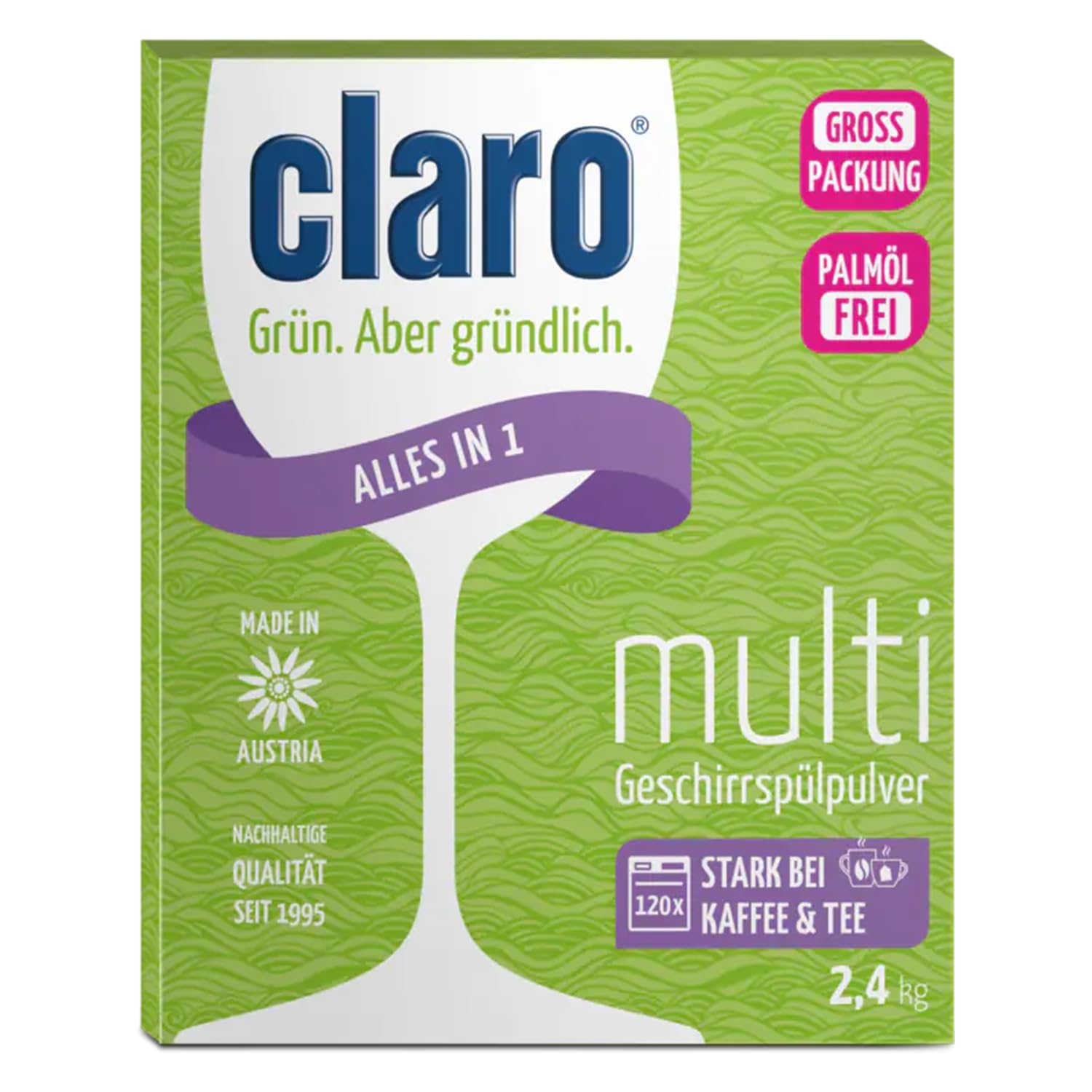 claro Multi Alles-in-1 Geschirrspül-Pulver - Geschirrspülpulver - Phosphatfrei - Vegan - Ecolabel - Umweltfreundlich - Palmöl-Frei - Großpackung - Sparpackung mit 120 Waschladungen