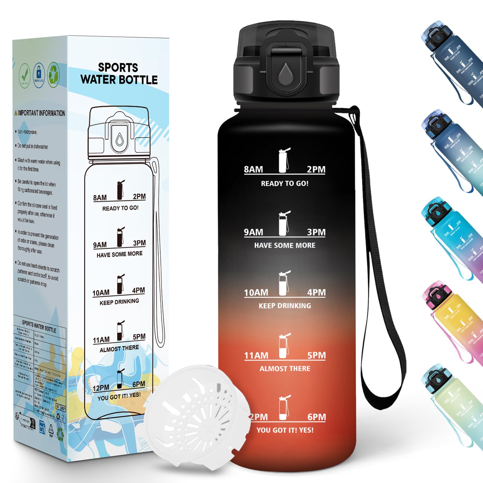 Baramumu Borraccia 1 litro, Borraccia Palestra, a Prova di Perdite, Bottiglia acqua, Facile da Aprire, Borracce, per Fitness, Yoga, Ufficio, Palestra, Trekking, Nero&Rosso - 2