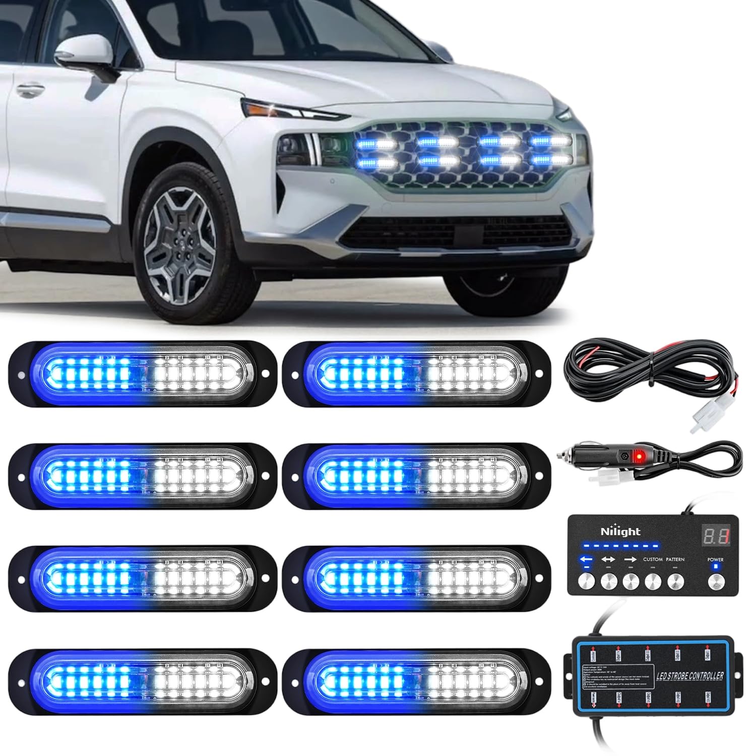 Nilight 8PCS Led Strobe Lights with Controller 12V 24V Sync Blue White