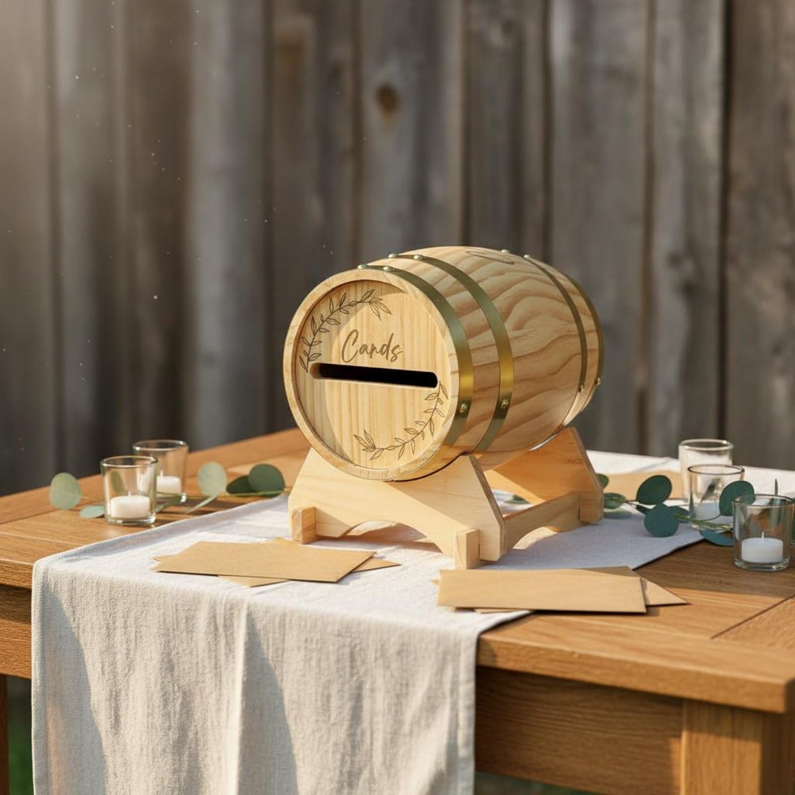 Urne de Mariage en Bois en Forme de Tonneau, Boîte Aux Lettres de Mariage, Boîte à Cartes de Mariage, Couvercle Amovible Boîte à Enveloppes Rustique d'événement pour Futurs Mariés, Anniversaire