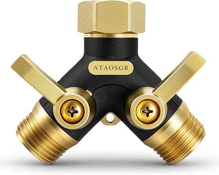 Garden Hose Splitter 2 Way Heavy Duty, Metal Body Water Hose Splitter | with Shut-Off Valve,360 Brass Swivel,3/4 GHT Connector Full Flow Hose Bib Splitter, For Outdoor Spigot Faucet