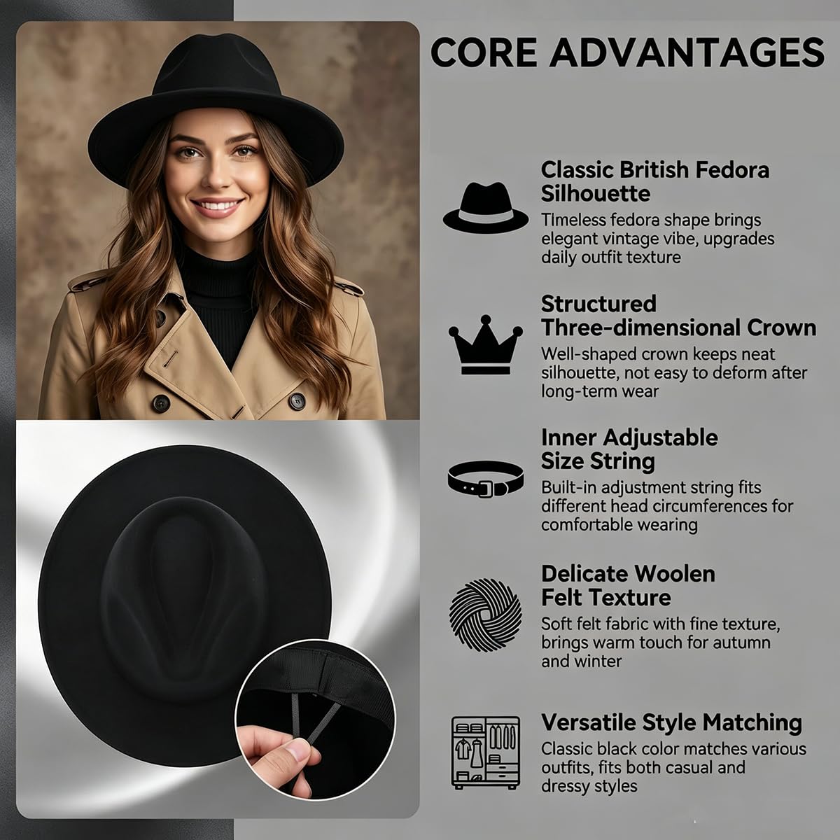 Fedora Chapeau classique noir à large bord pour homme et femme, chapeau d'église 56-58 cm, style vintage