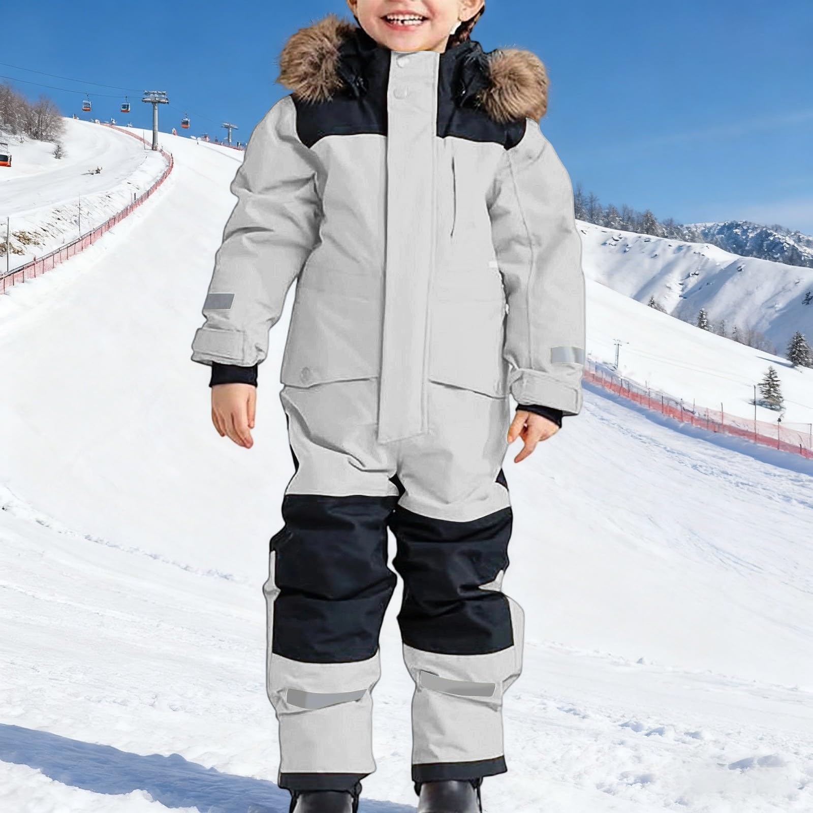 Tute da Neve Bambino e Ragazzi, Tute da Sci Bambine e Ragazze, Tuta da Neve di un Pezzo Bambini Invernale Outdoor Antivento Impermeabile e Traspirante Calda Tuta con (Light Gray, 14-15 Years)