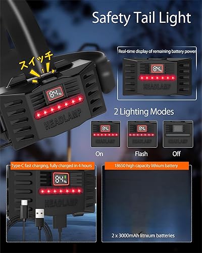 Miniatura 6 de Faro delantero de camping con sensor de movimiento con luz trasera roja, 4000 lúmenes altos con 3 modos, IP65 impermeable 90 ajustable para