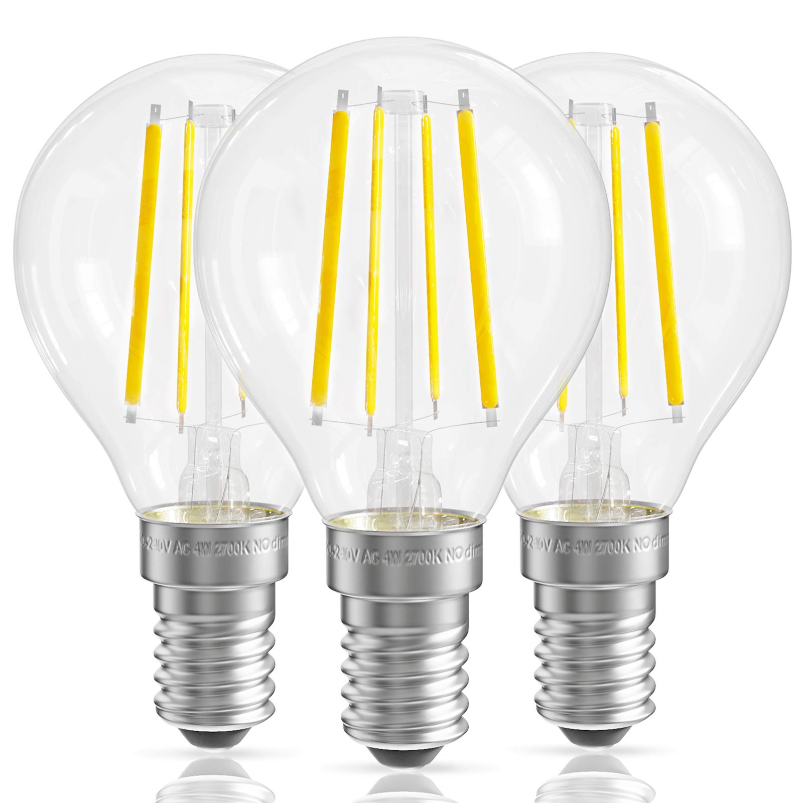 QNINE Warm White E14 LED Light Bulb, 4W (40W Equivalent), 400lm, SES Golf Ball Bulb, 2700K, Non-Dimmable, 3 Pack