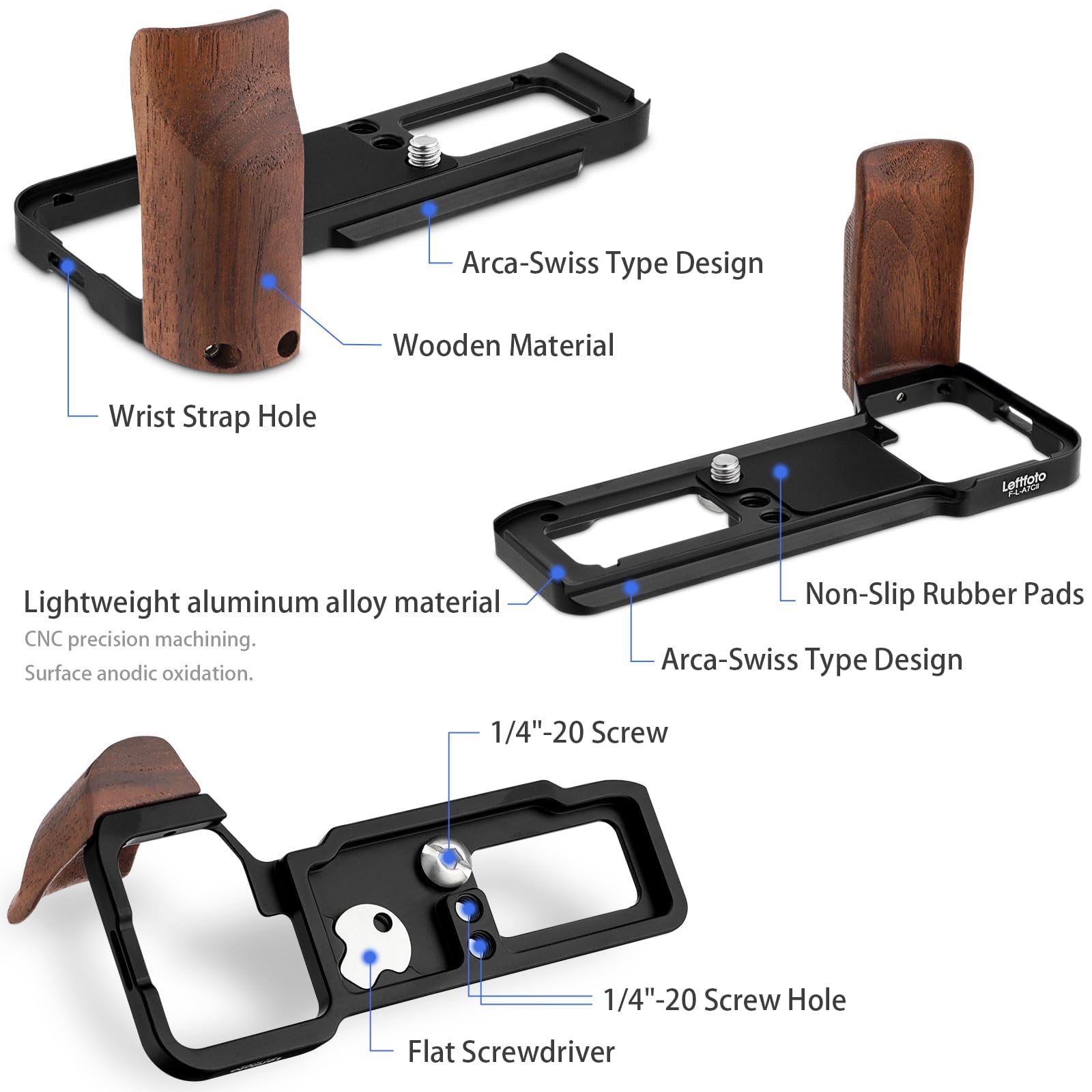 LEFTFOTO A7CR Support en forme de L avec poignée en bois pour appareil photo Sony A7CR/A7C2, avec plaque de dégagement rapide Arca inférieure intégrée, poignée latérale ergonomique rétro pour une