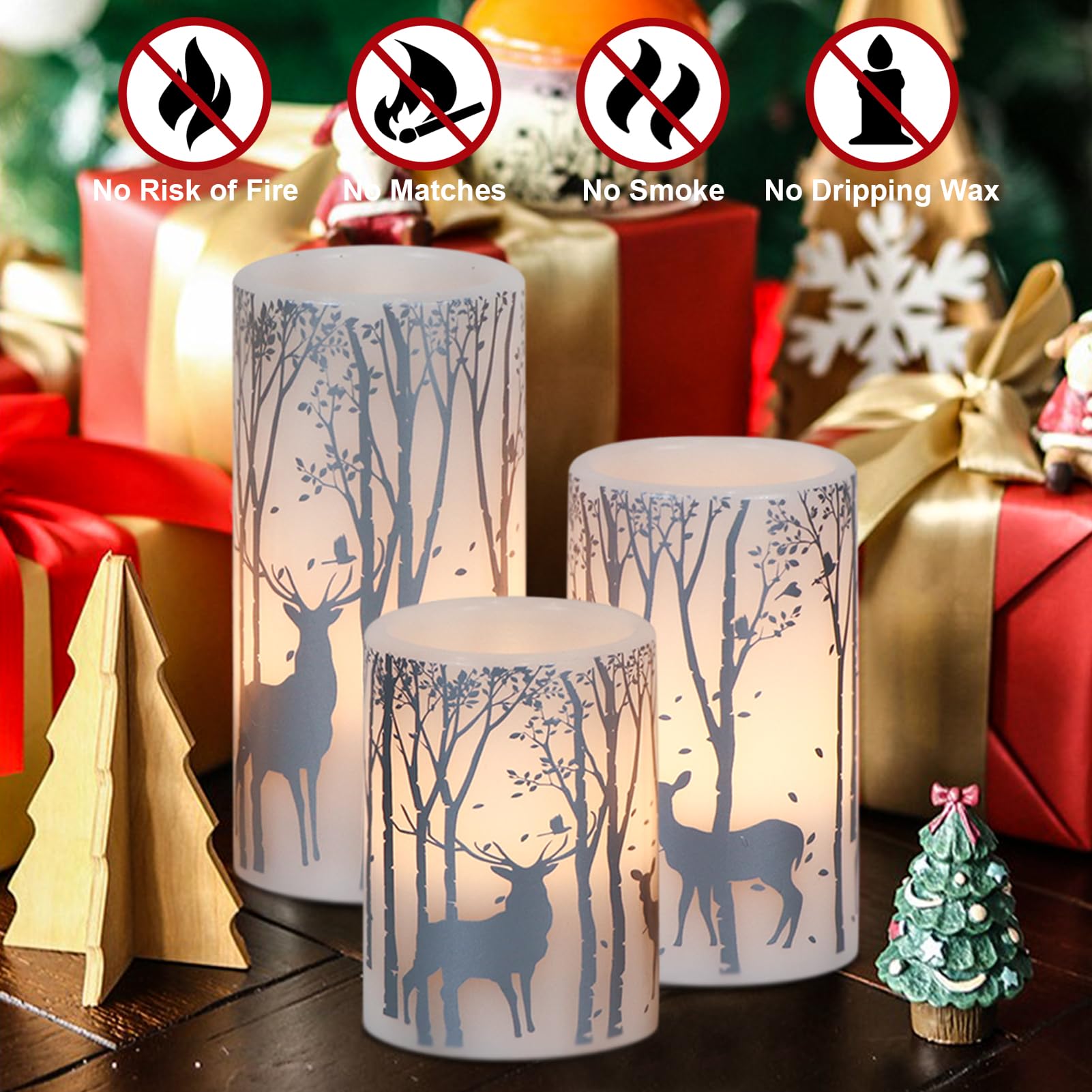 Candele tremolanti senza fiamma a forma di cervo argentato, funzionamento a batteria con timer 6H, confezione da 3 candele a colonna in vera cera a luce calda, a LED, decorazione per cena,