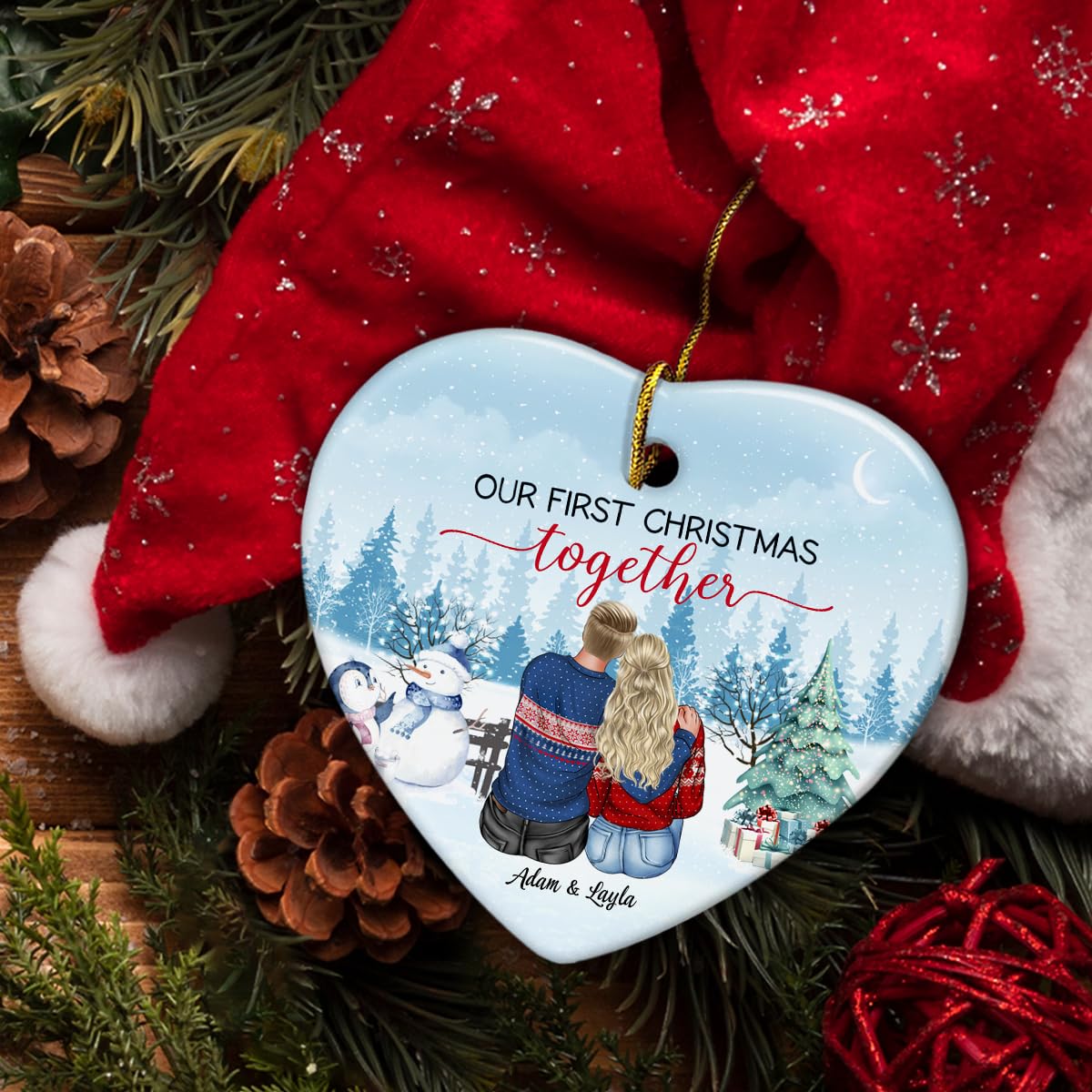 Décoration De Noël Personnalisable - Famille D'ours Bruns Avec Cœur, Couple, PolarX