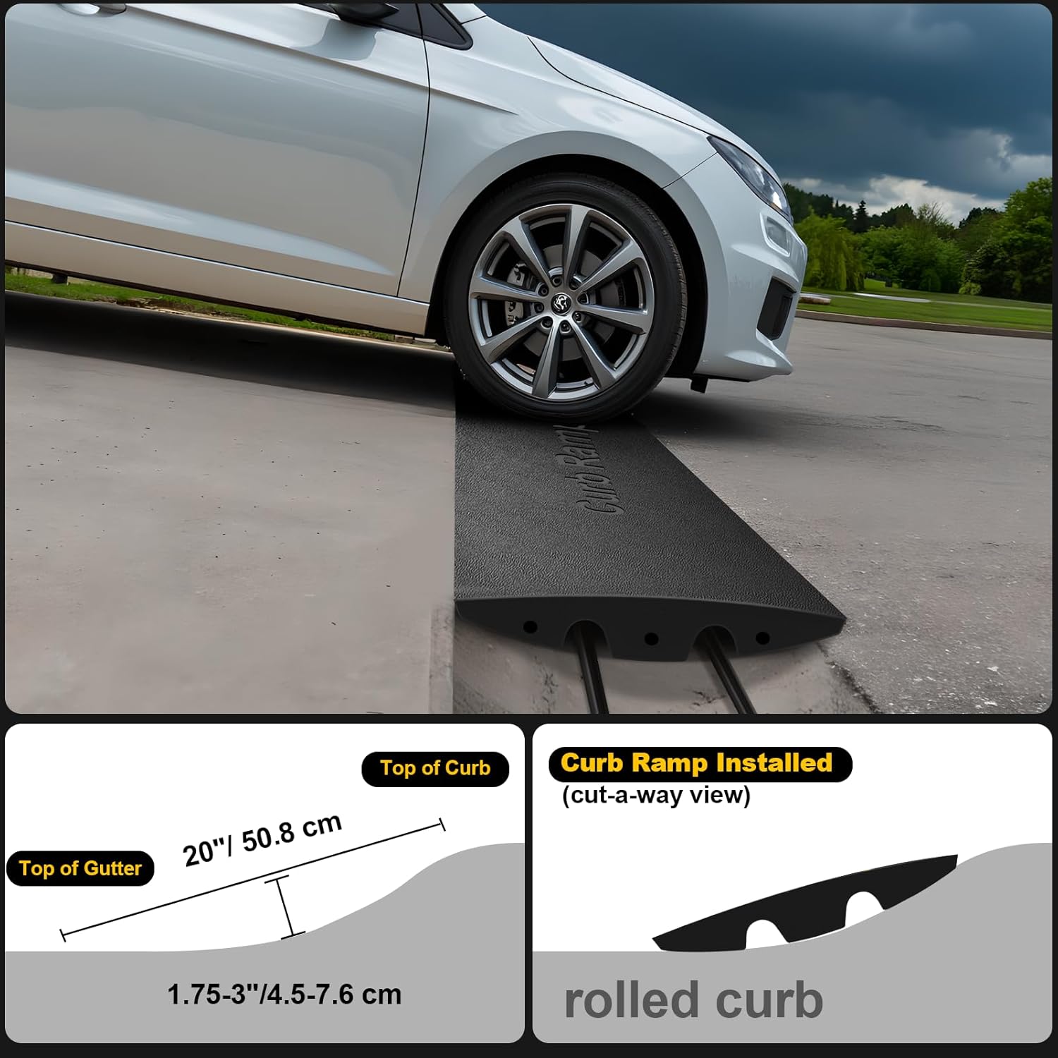 All Black Rubber Driveway Ramps 66139lbs Capacity Low Profile Car Threshold Ramp Curbside Bridge Ramps for Loading Dock, Garage, Sidewalk, Truck, Scooter, Motorcycle & Wheelchair 1 Pack