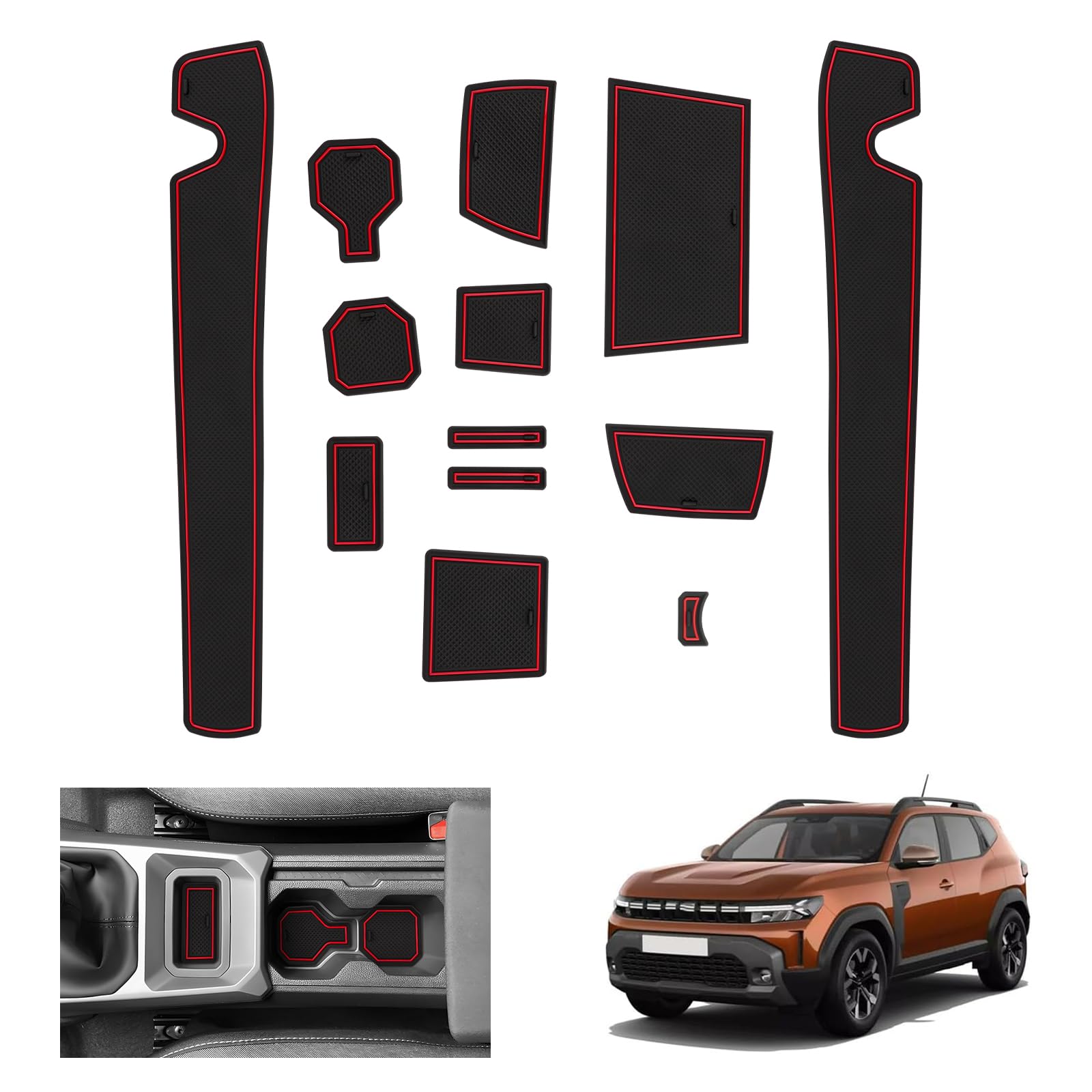 GAFAT Neuer Dacia Duster 3 2024 2025 2026 Antirutschmatten, Gummimatten für Dacia Duster III ab 2024- Non-Slip Mats Mittelkonsole Becherhalter Türnaht Matten, Dacia Duster 3 Zubehör (Rot)