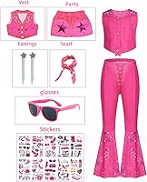 Vista 2 de Disfraz de vaquera para niñas, disfraz de discoteca hippie de los años 70 y 80, disfraz de Halloween, uniforme rosa
