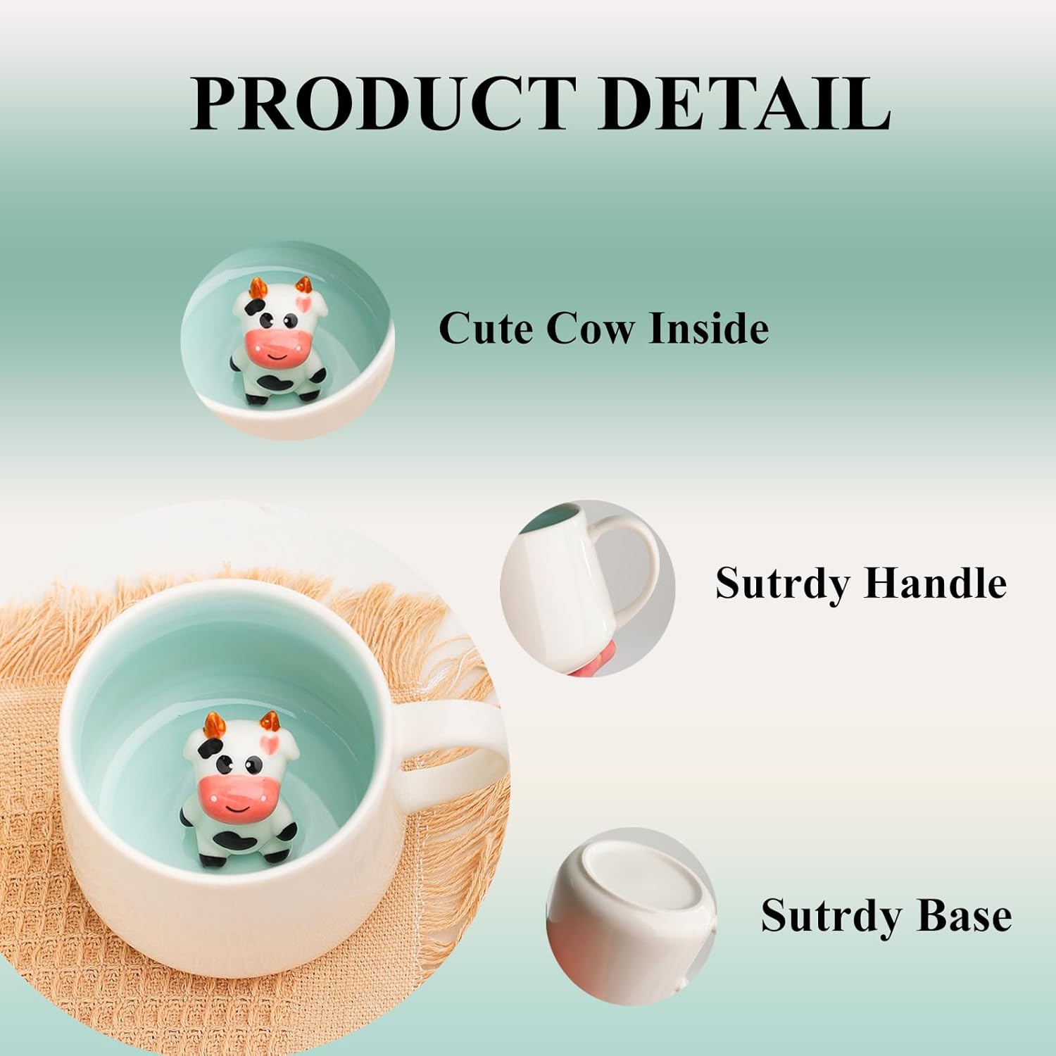 HS&ROXIN 12 oz Baby Cow Cute Mug 3D Animal Figurine Inside Mug Handmade Novelty Ceramic Coffee Cup Christmas Birthday Gift for Kids,Boys,Girls,Men,Women (White Cow) - Image 4