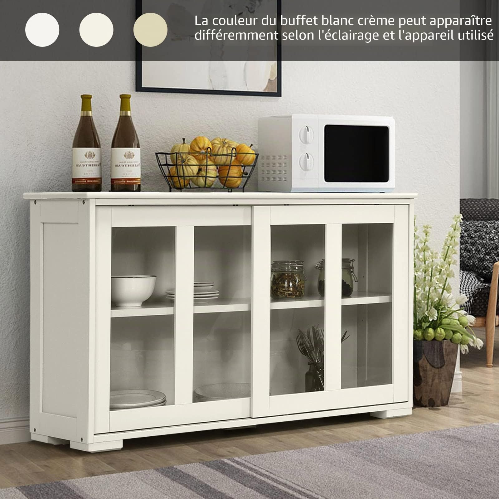 GIANTEX Buffet Cuisine Rangement, 2 Portes Vitrées Coulissantes, Étagère Réglable, Armoire Cuisine 2 Compartimens, Buffet Salon Bas pour Cuisine, Salon, Salle à Manger, 107 x 33 x 64 cm(Blanc Crème)