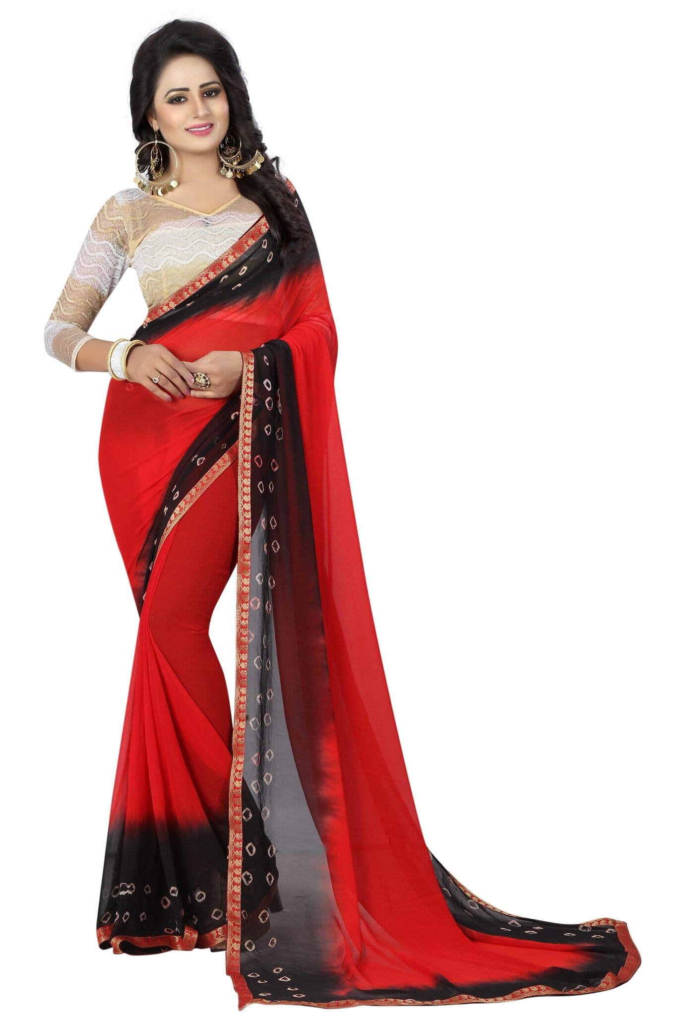 Women`S Party Wear Chiffon Lace Border Saree With Unstitched Blouse Piece (Black & Red)
