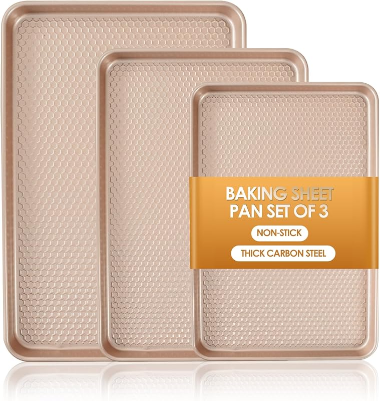 Baking Sheet Pan Set of 3, Nonstick Carbon Steel Cookie Sheets with Texture | Commercial Half/Quarter/Jelly Roll Pans Replacement Toaster Oven Tray, Heavy Duty & Easy Clean