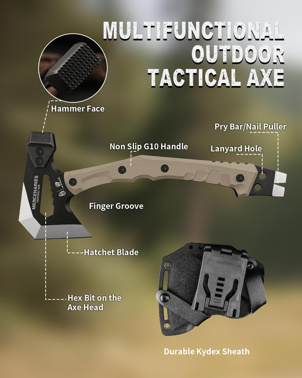 HX OUTDOORS Ascia Multifunzionale, Ascia Tattica da Sopravvivenza e Campeggio con Impugnatura G10, Lama in Acciaio Inox, Accetta da Bushcraft con Martello, Inserti Esagonali e Estrattore di Chiodi