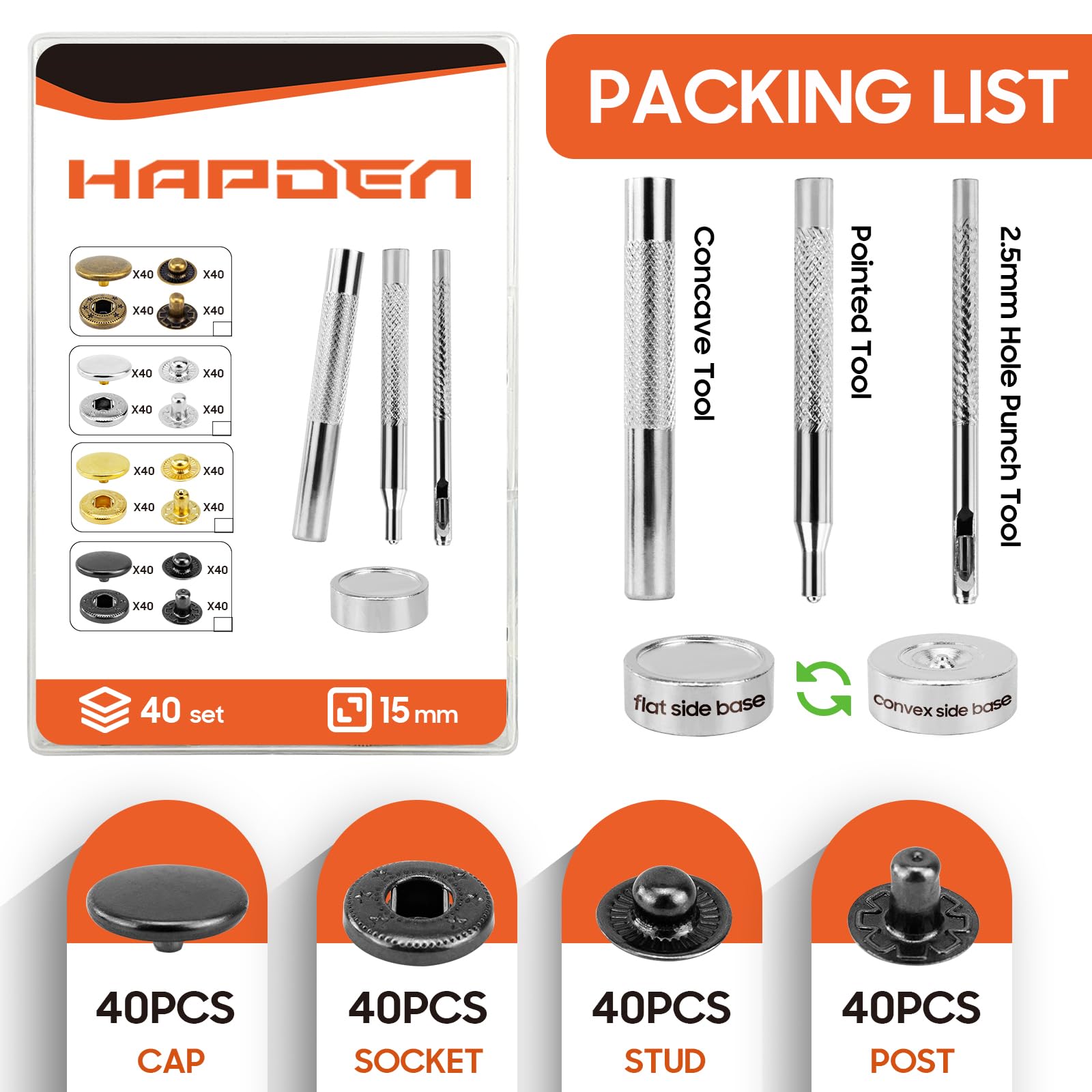 Leather Snaps and Fasteners Kit?15mm 40 Sets Metal Snap Buttons with Setter Tools? Sewing Snaps for Clothing?Fabric?Leather, Clothes, Jackets, Bags, DIY Crafting Black Snaps