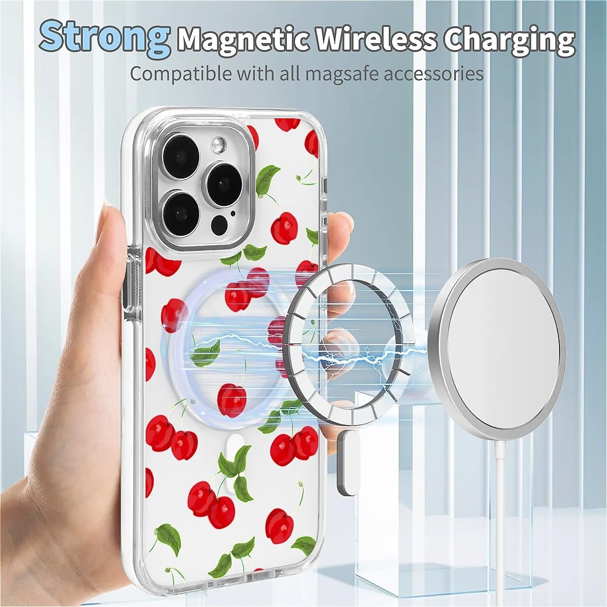 TAMEFOX for iPhone 15 Clear Case, Campatible with Magsafe,Fresh Red Cherry Soft TPU Slim Magnetic for Women Girl Protective Case for iPhone 15-6.1 Inch (White)