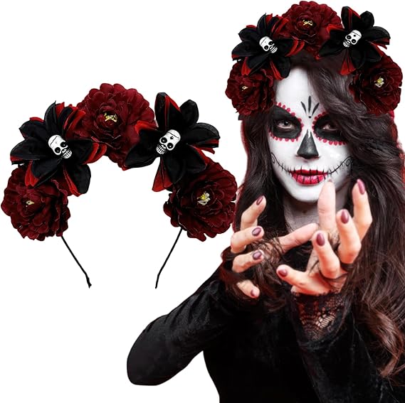 AUOCATTAIL Halloween Skull Flower Headband Mexican Rose Floral Crown Gothic Day of the Dead Headpiece for Women Cosplay Party
