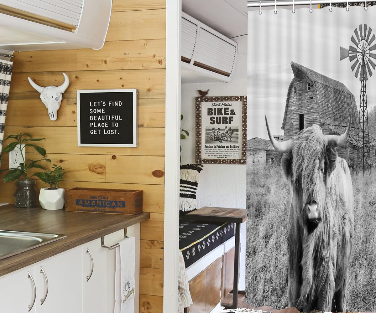 Farmhouse Highland Grey Cow Shower Curtain for Bathroom, Rustic Funny Western Wildlife Shower Curtains, Vintage Windmill Western Country Restroom