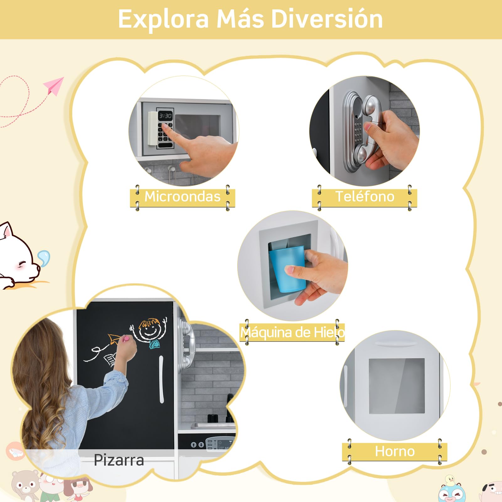 RELAX4LIFE Cocina Juguete con Pizarra, Sonidos Reales, Teléfono, Estufas, Lavavajillas, Máquina de Hielo y Horno, Cocinita Infantil con Accesorios Completos para Niños 3-6 Años (Blanco)