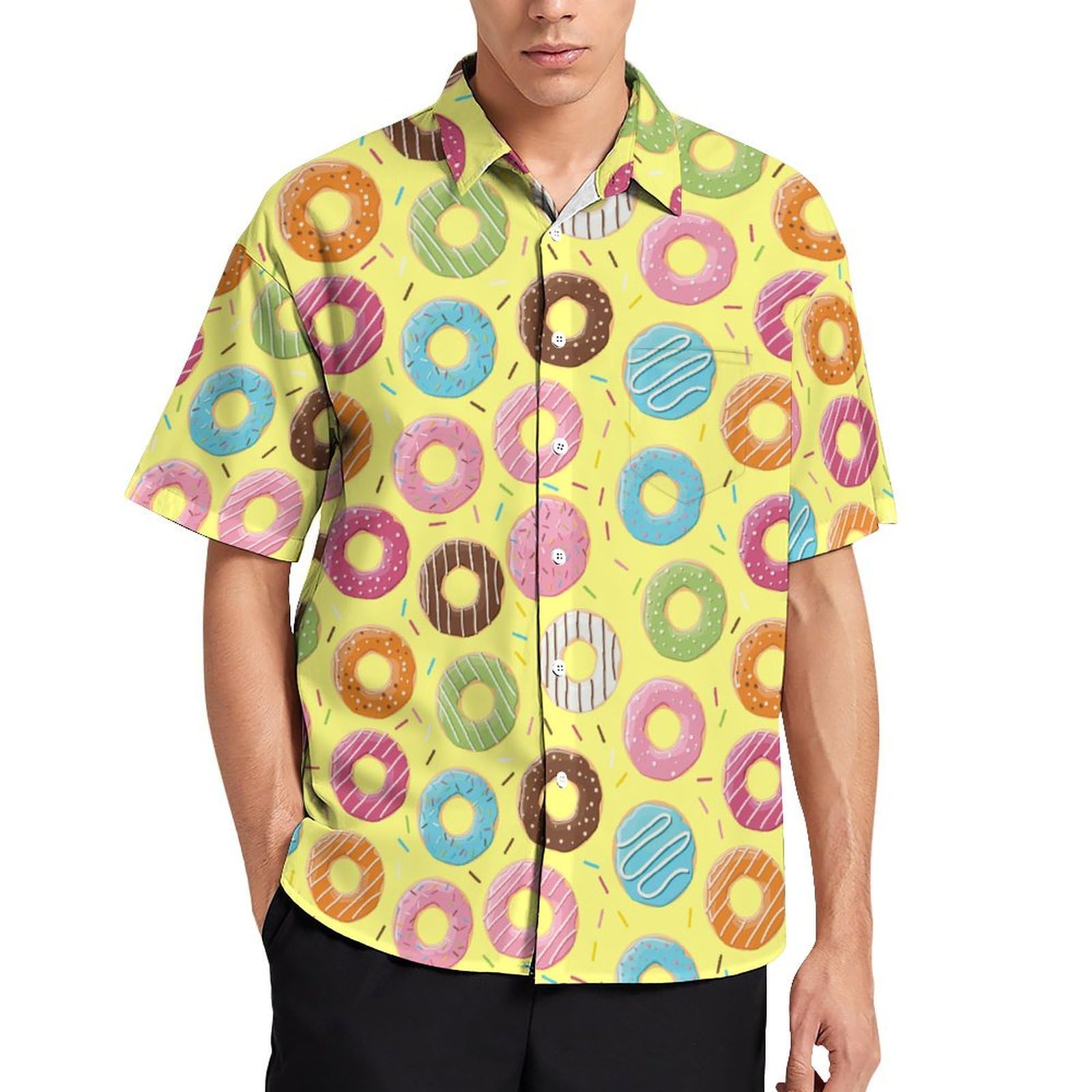 Lurhonp Men's Yellow Doughnut Hawaiian Shirts Casual Short Sleeve Button Down Tropical Beach Shirt, 3XL