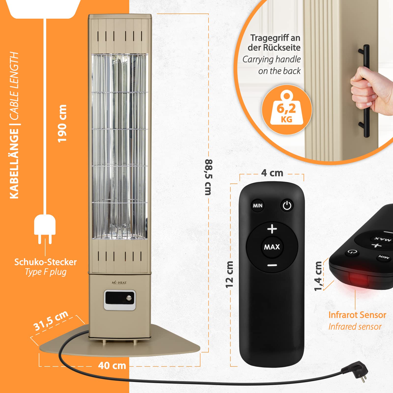 Mi-Heat SIH-2300R stojący promiennik podczerwieni ogrzewacz tarasowy, 2300 W, 4 stopnie grzania, pilot zdalnego sterowania, w pełni metalowa obudowa, IP65 Outdoor