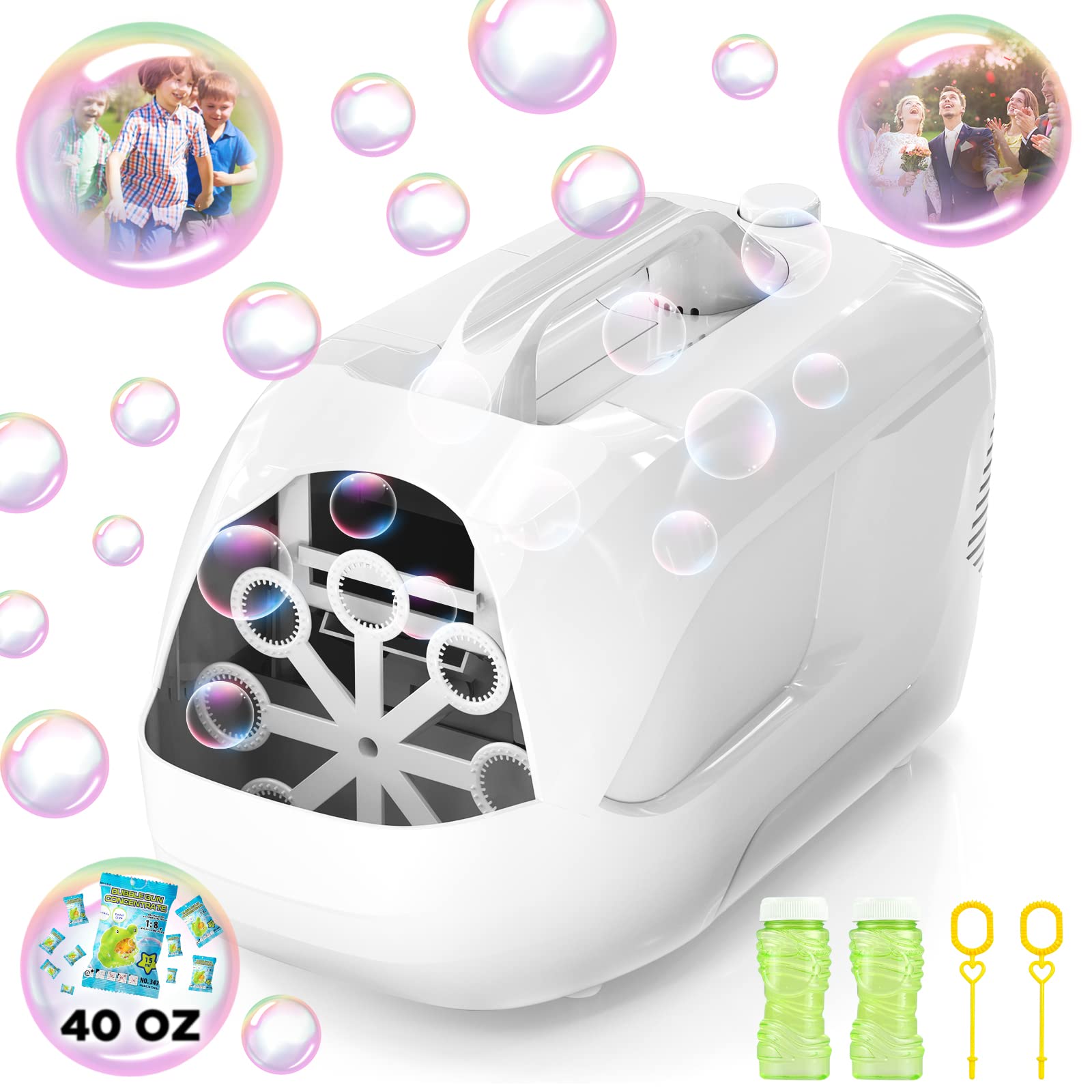 Bubble Machine Automatic Bubble Blower - 5000 + Bubbles Per Minute with Bubble Wands 40 OZ Bubble Solution Bubble Maker with 2 Speed USB Plug - in or Battery Charging for Outdoor and Indoor Parties