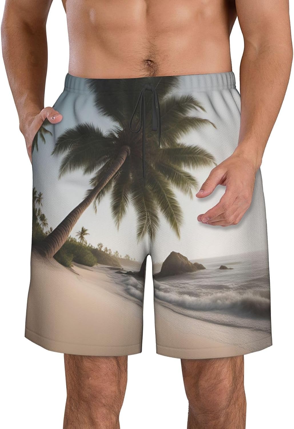 Mens Sand Beach Palm Tree Print Beach Shorts,Casual Summer Shorts for Men,Quick Dry Polyester