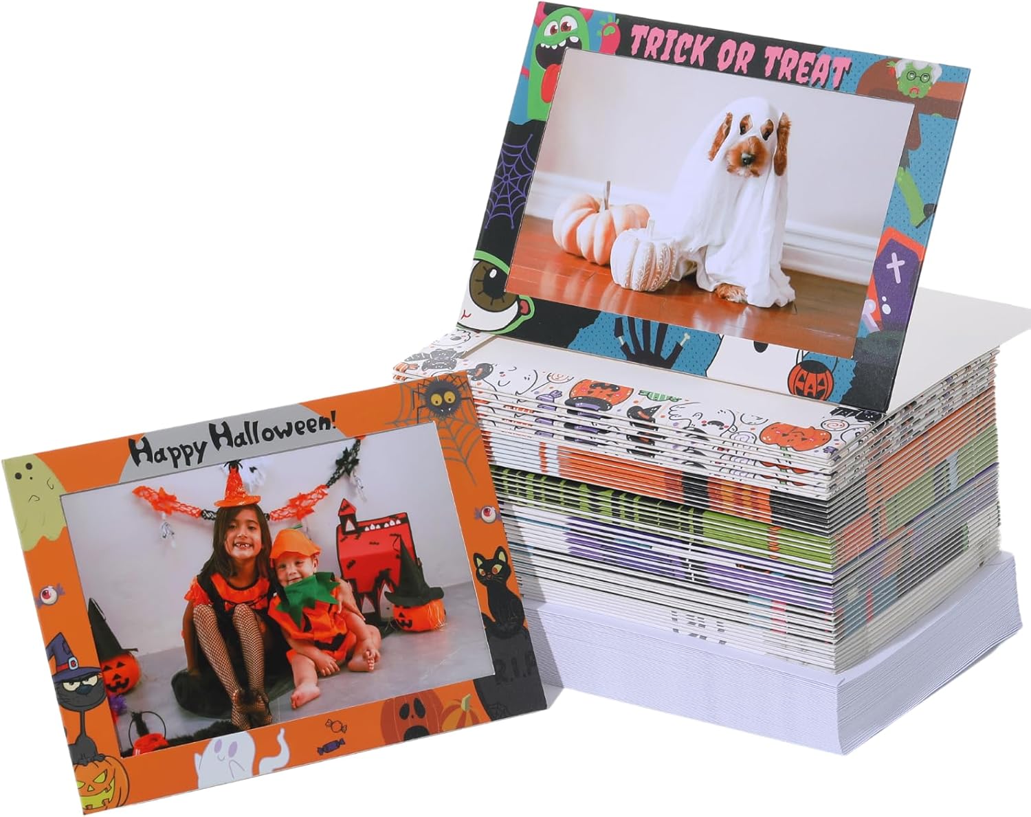 Halloween Photo Frame Cards with Envelopes 4x6, Paper Picture Frames Bulk, Picture Insert Halloween Decoration Gift (96 Pack, 6 Designs)