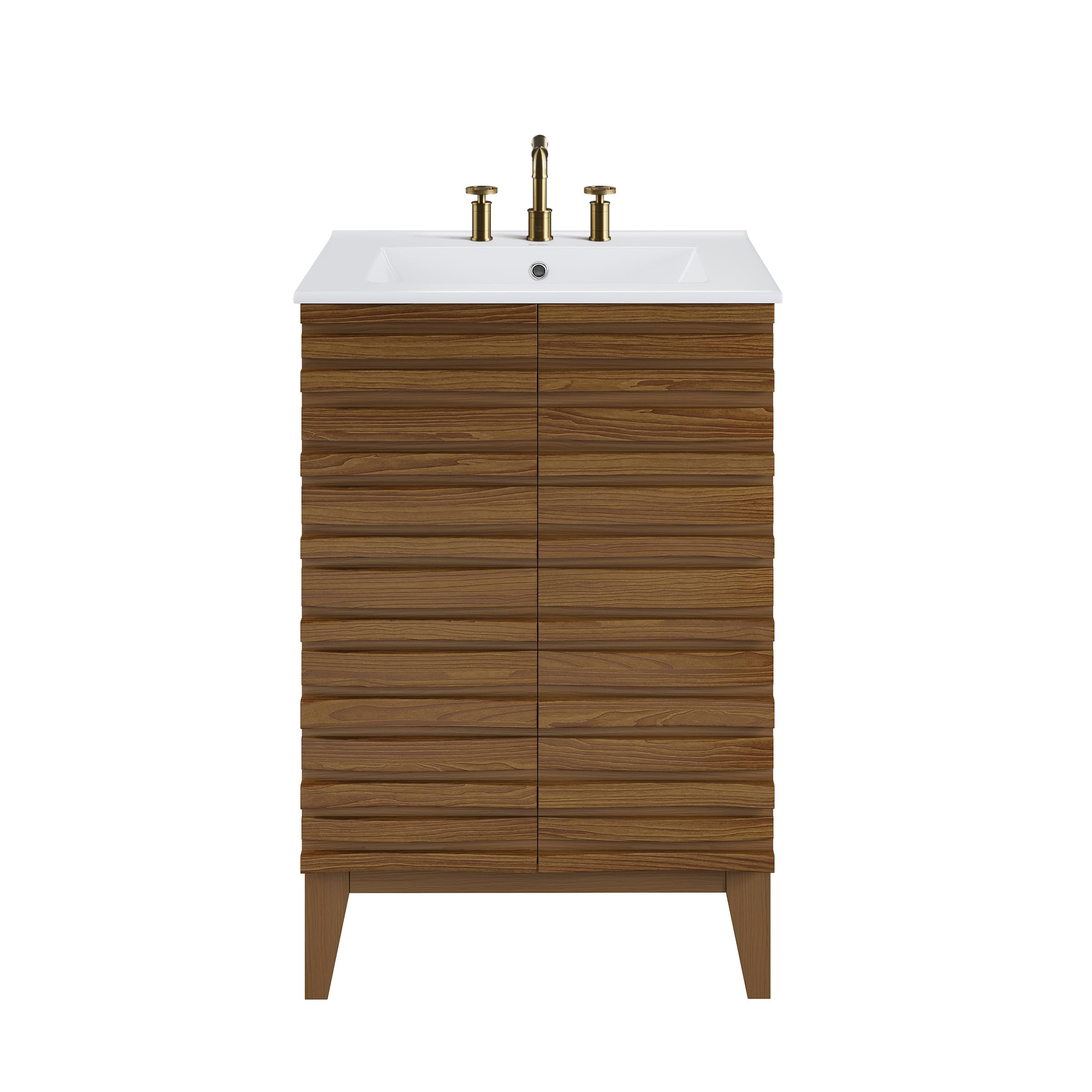 Swiss Madison Cascade 24 in. Brown Oak Bathroom Vanity with White, 3-Hole Ceramic Sink Top