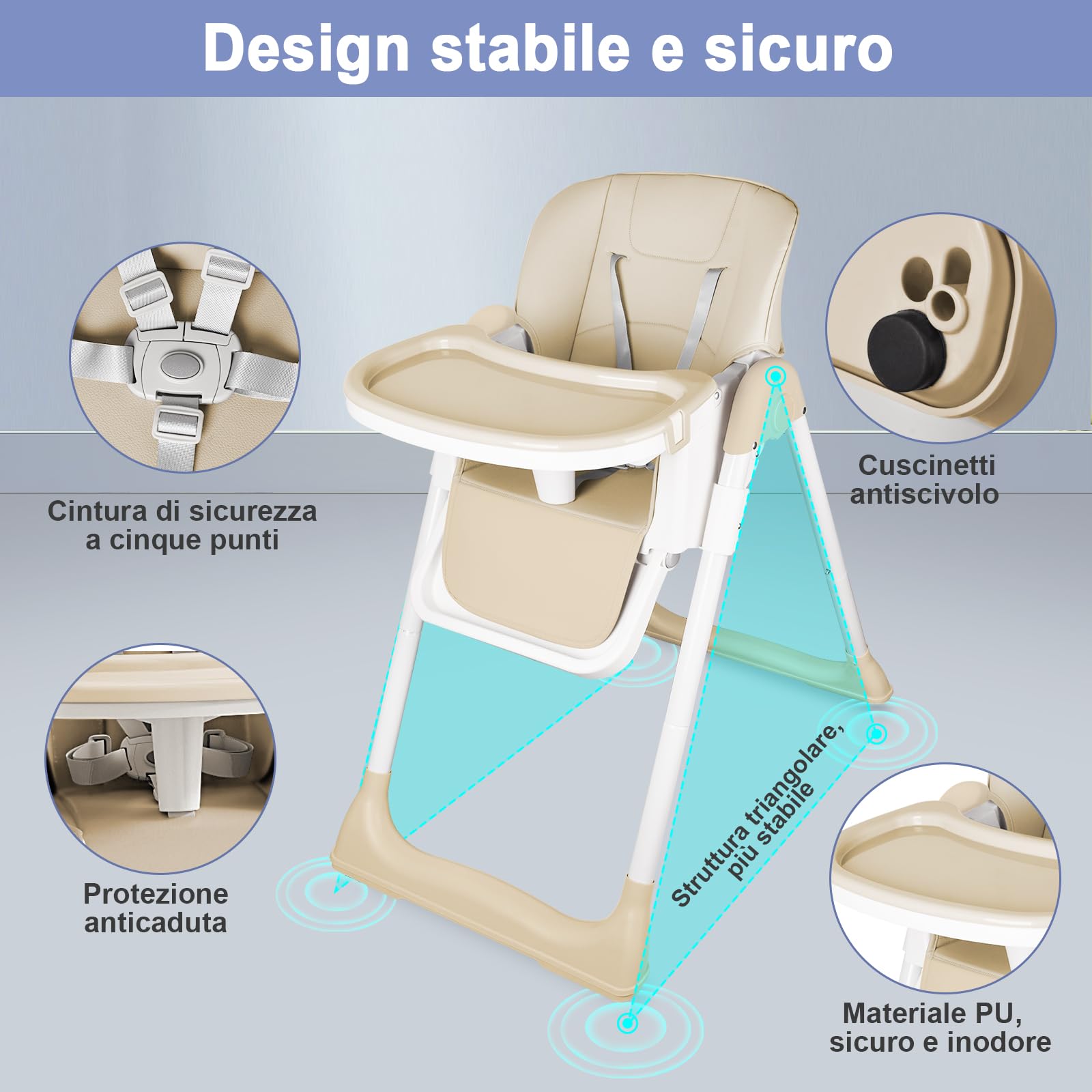 Seggiolone Pappa Portatile, Seggiolone Evolutivo con Vassoio Doppio Rimovibile, 4 Posizioni di Reclinazione e 5 Posizioni di Altezza Seggiolone per Bambini da 6-36 mesi, Beige 01