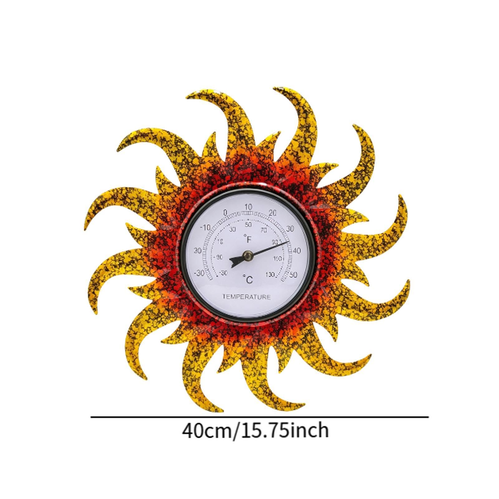 KESOTO Termometro da esterno decorativo in ferro, diametro 38 cm, ornamento decorativo da esterno a forma di girasole, termometro da parete per balcone e, a