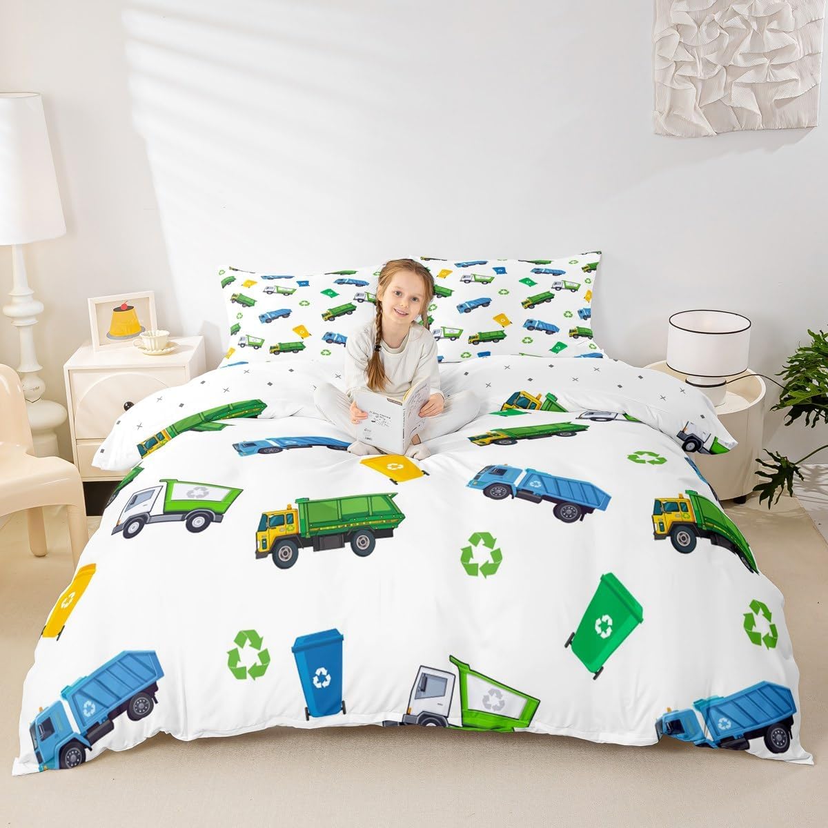 Garbage Truck Duvet Cover Set Kids Queen Size Cartoon Car Bedding Set for Boys Teens Girls Room Decor Child Soft White Green Blue Comforter Cover Waste Management Recycling Vehicles Quilt Cover 3Pcs