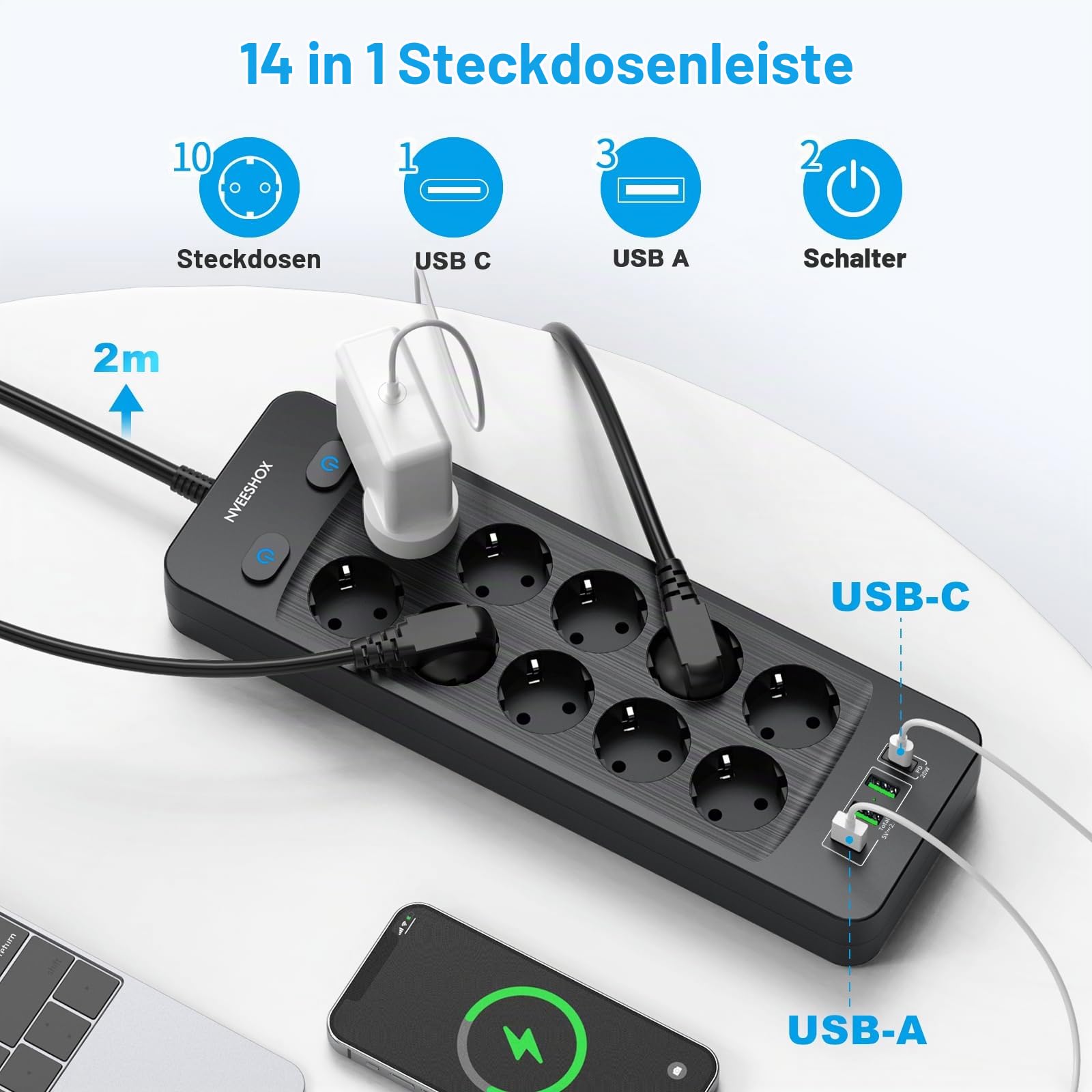 NVEESHOX 10 Fach Steckdosenleiste mit USB C 20W,5M Kabel Verteilersteckdose