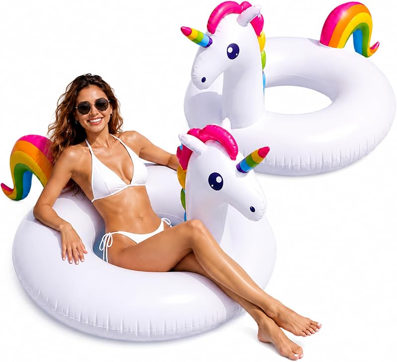 2 Pack Giant Unicorn Pool Floats 45'' Inflatable White Rainbow Unicorn Pool Float Swimming Inflatable Raft for Adults Summer Beach Party Decors Supplies