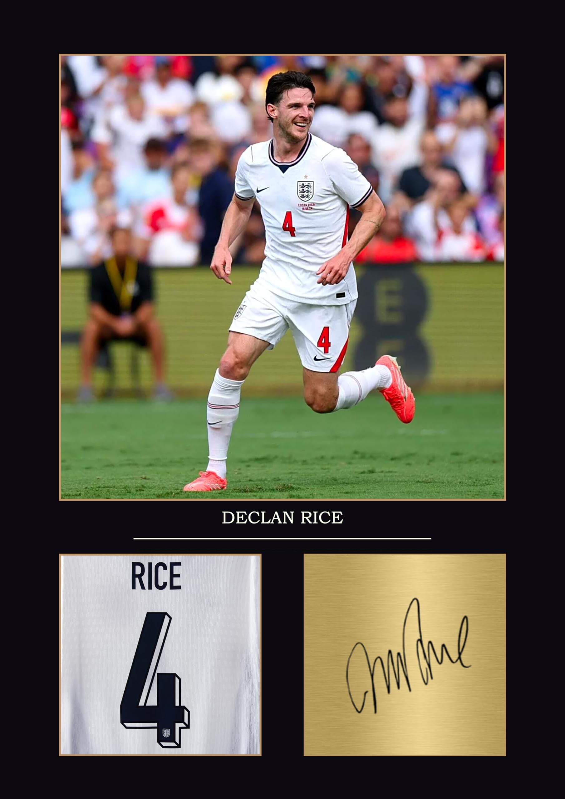 Legends Gallery Declan Rice England Poster A4 Football Wall Art England Gift for Boys Digitally Reproduced Signature (Framed)