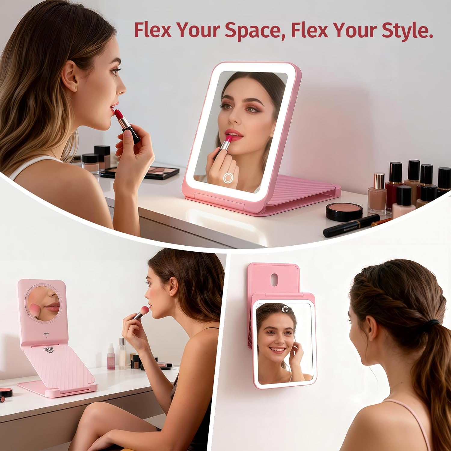 INFOOD Travel Makeup Mirror - Rechargeable LED Vanity Mirror 7.8x5 Inches with 1X/3X Magnifying, 3 Color Dimmable Light, Touch Screen, Foldable Design with Stand, Portable for Travel & Cosmetic, Pink