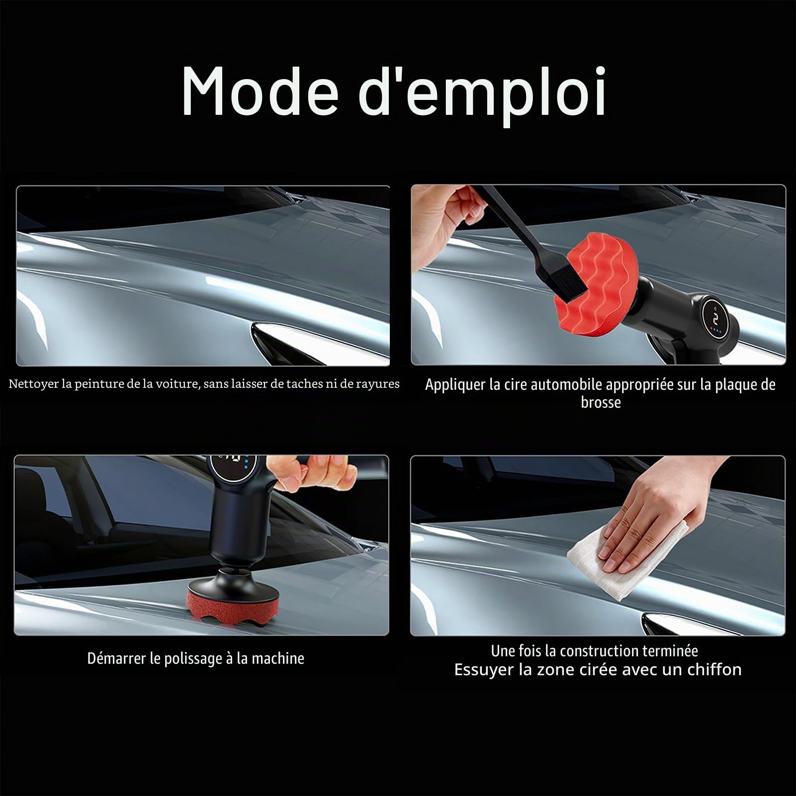 Polisseuse sans fil pour voiture avec écran LCD, kit de polissage à 2 vitesses réglables, polisseuse électrique multifonctionnelle pour le polissage du métal, du bois et du bois