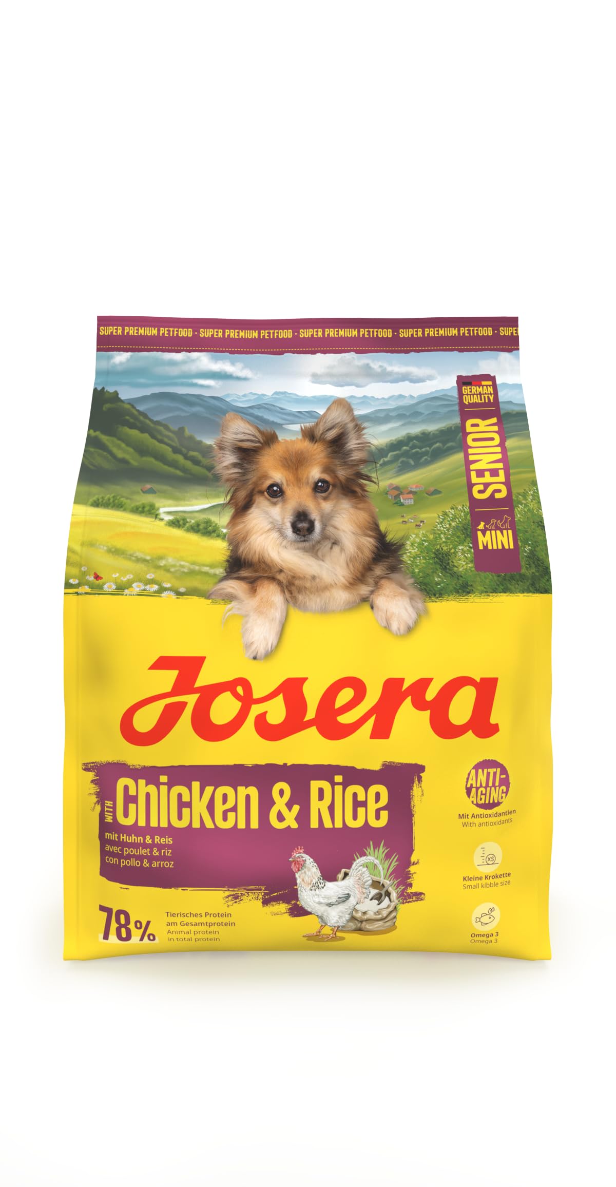 JOSERA Mini Senior (5 x 900 g) | Premium Trockenfutter für ausgewachsene ältere Hunde Kleiner Rassen | Huhn & Reis | Anti-Aging & Nierenentlastung | Extrakleine Kroketten | glutenfrei | 5er Pack