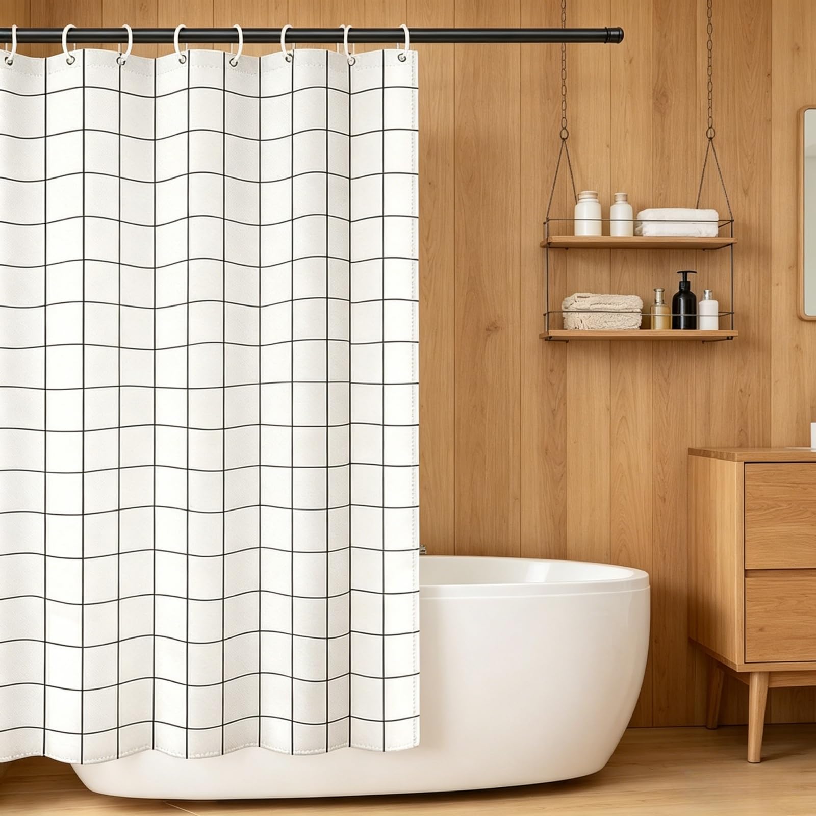 Cortina Baño 180 x 200 cm Impermeable Antimoho Cortina de Ducha de Poliéster con 12 Ganchos para Familia, Hotel, Duchas, Bañeras y Cuartos de Baño, en Blanco y Negro