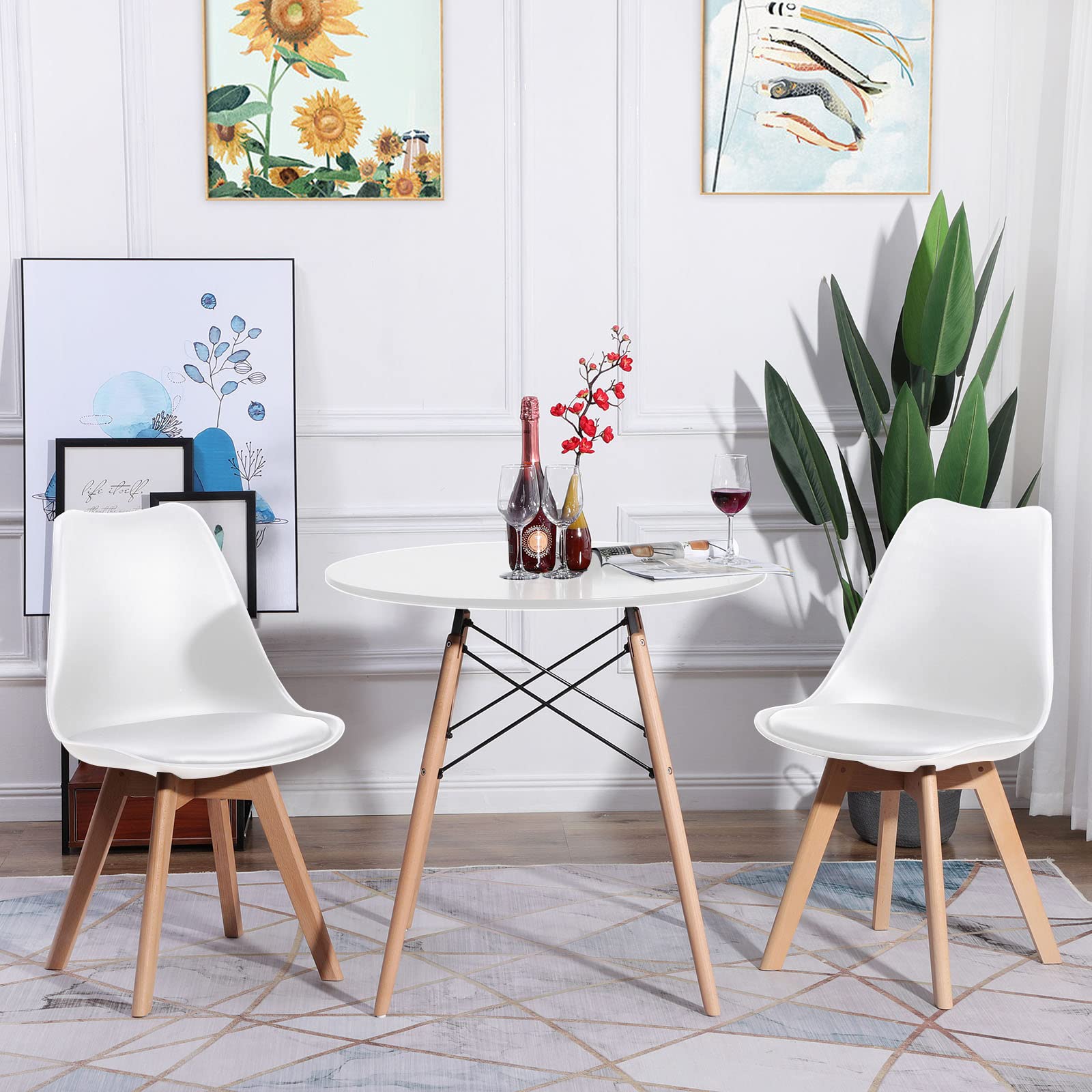 Set aus Runder Tisch mit 2 Weißer Stühlen | Essgruppen Runder Tisch 80 cm, Skandinavisches Design, Massivholzbeine, für Balkon Küche Büro Esszimmer, Weiß Stühlen