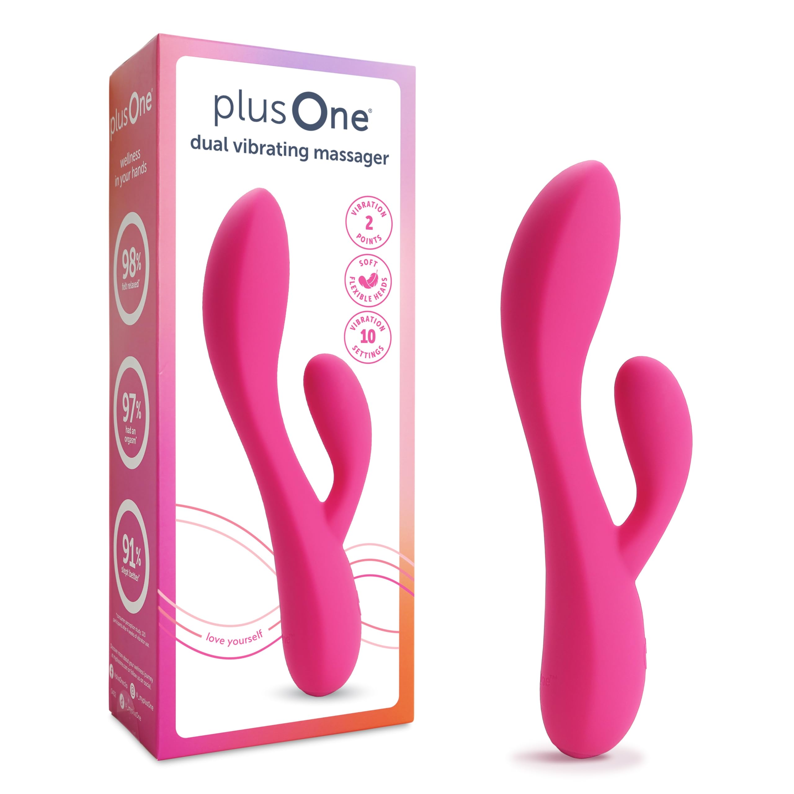 Masajeador personal vibrador plusOne Dual Rabbit con 10 modos de vibración, silicona segura para el cuerpo, resistente al agua, recargable por USB, para mujeres y hombres.