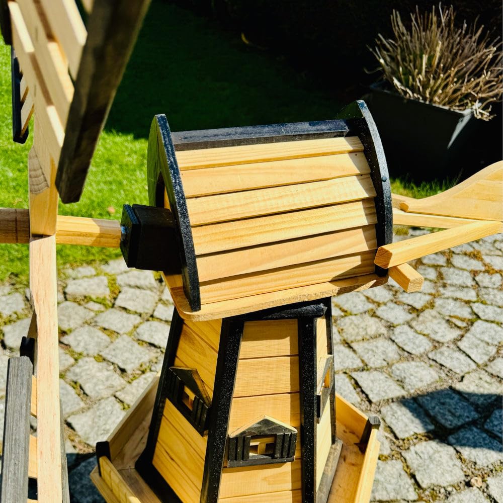 Hecho a mano hexagonal doble piso jardín molino de viento madera natural/negro H= 93 cm